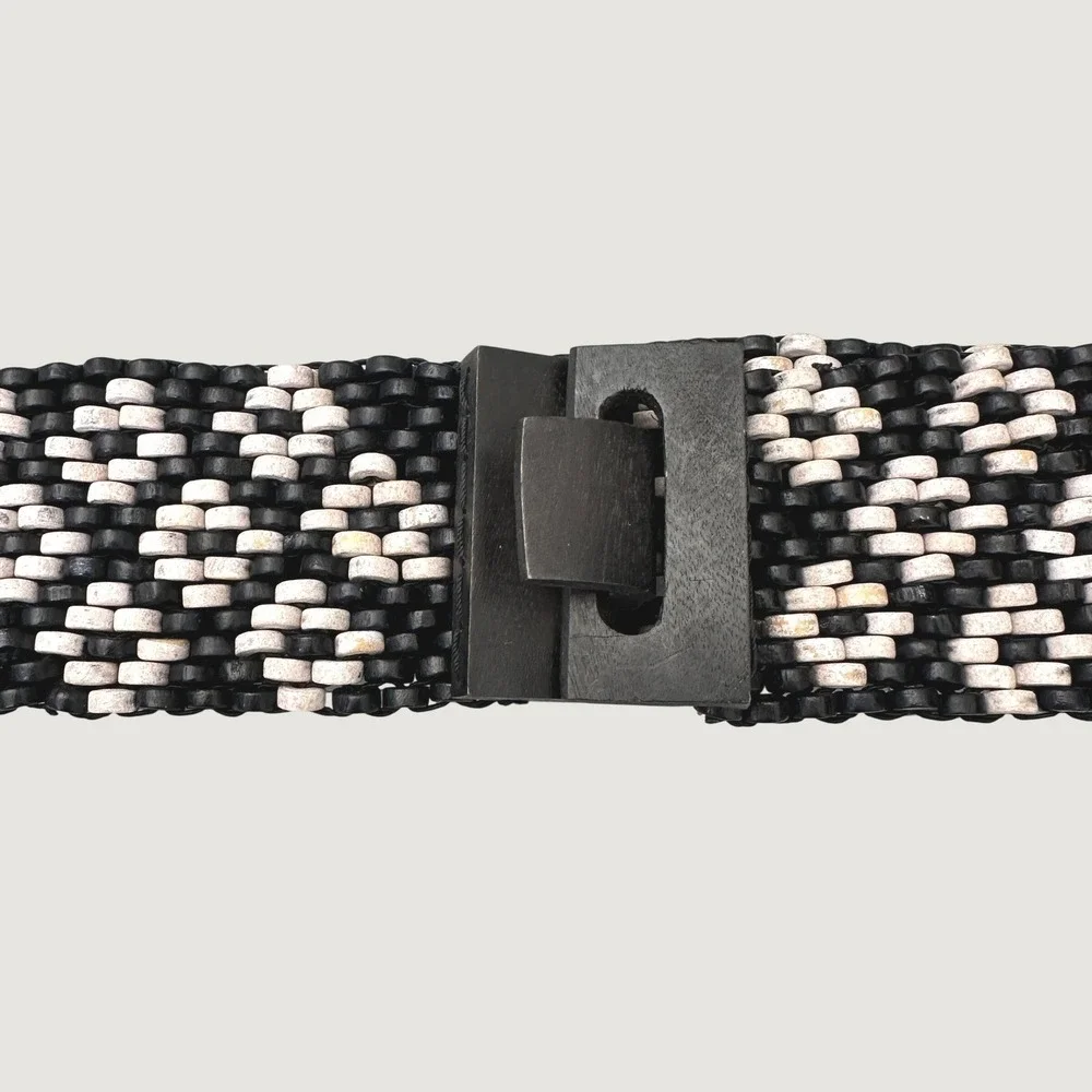 Vintage 80s Wide Wood Beaded Stretch Belt Black White Chevron Boho Waist Cinch